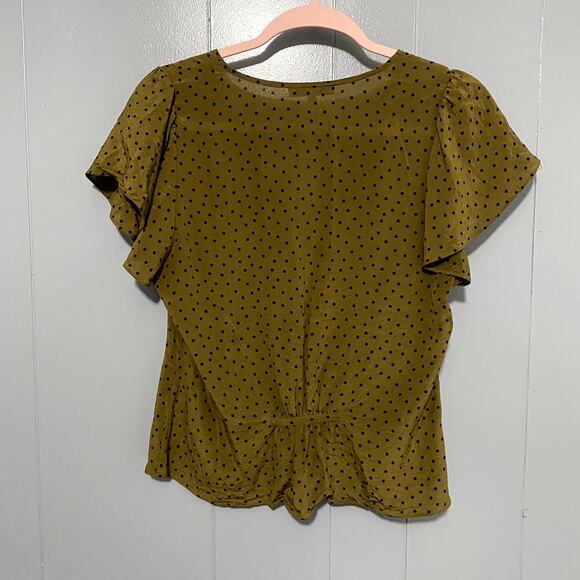 Madewell Silk Carmelina Olive Green Polka Dot Flutter-Sleeve Washable Top 6 - Picture 8 of 9